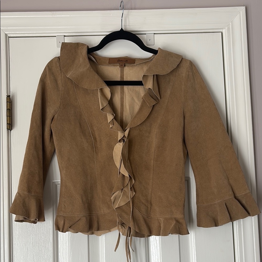 Arden B Tan Suede Leather Ruffle Tie-Front Jacket